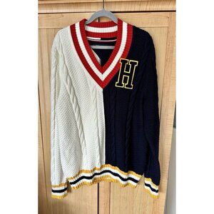 Vintage Tommy Hilfiger 90s Y2K Sweater Mens XL Varsity Preppy V-Neck Cable Knit